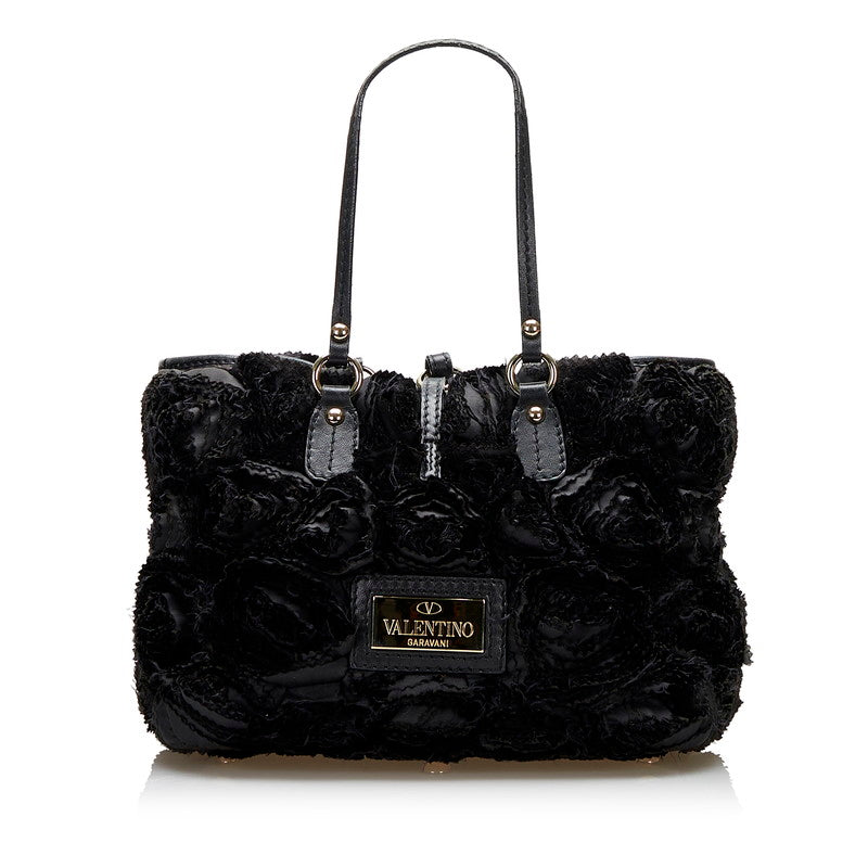 Valentino Flower Handbag Black Polyester Leather