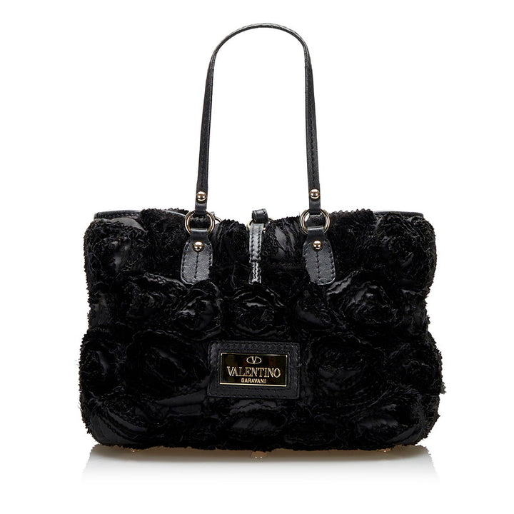 Valentino Flower Handbag Black Polyester Leather in Very Good Condition