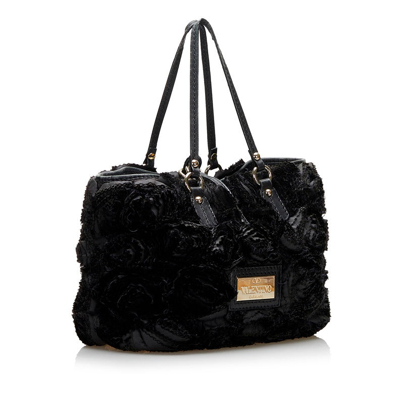 Valentino Flower Handbag Black Polyester Leather