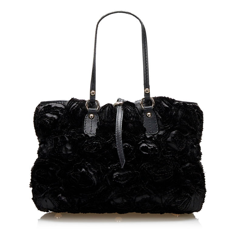 Valentino Flower Handbag Black Polyester Leather in Very Good Condition