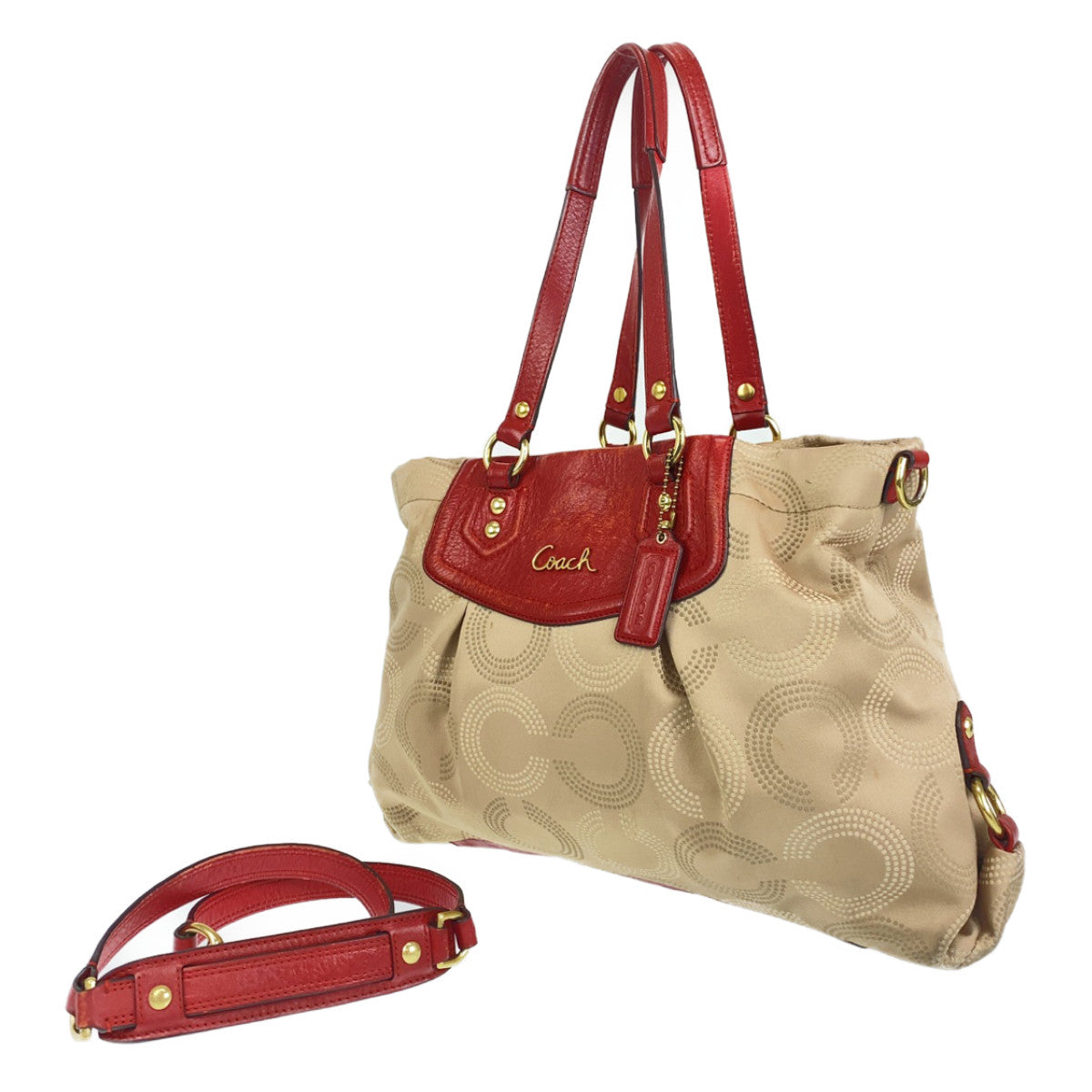 Coach Signature Beige Red Canvas/Leather Shoulder Bag in Very Good Condition