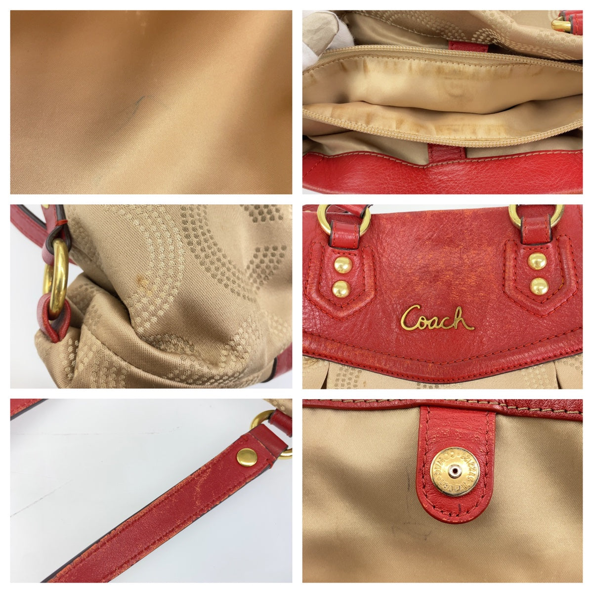 Coach Signature Beige Red Canvas/Leather Shoulder Bag in Very Good Condition