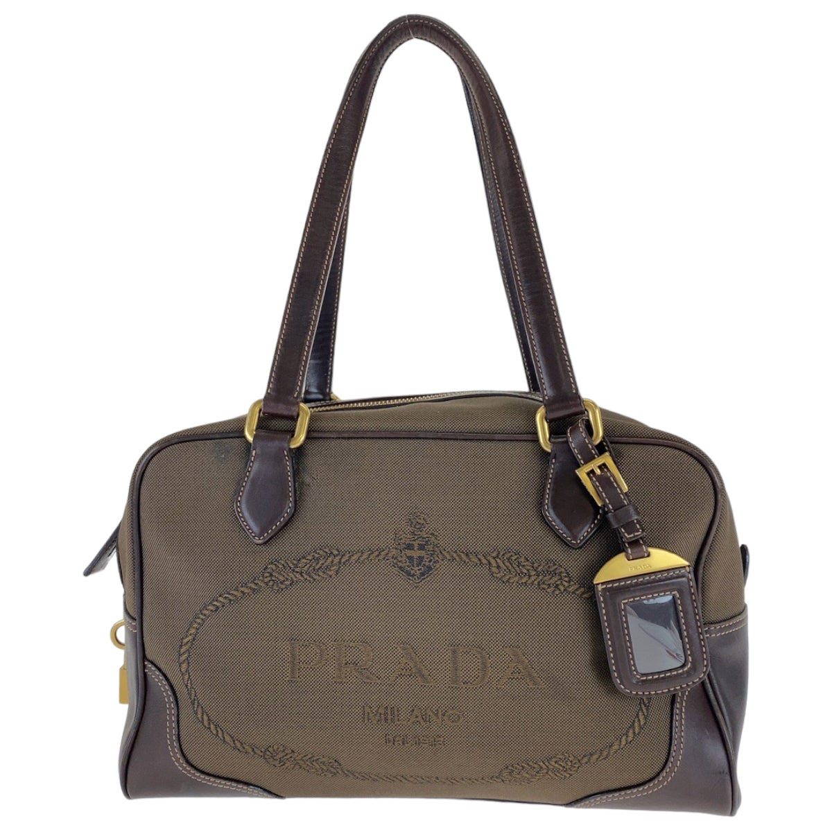 Prada Canvas/Leather Logo Jacquard Handbag Tote in Very Good Condition