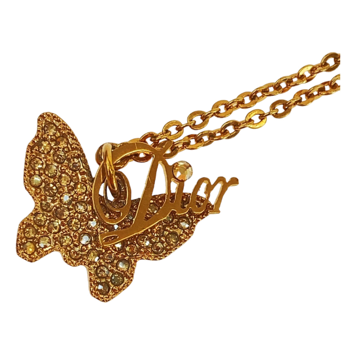 Christian Dior Butterfly Charm Metal/Rhinestone Necklace Pendant in Great Condition