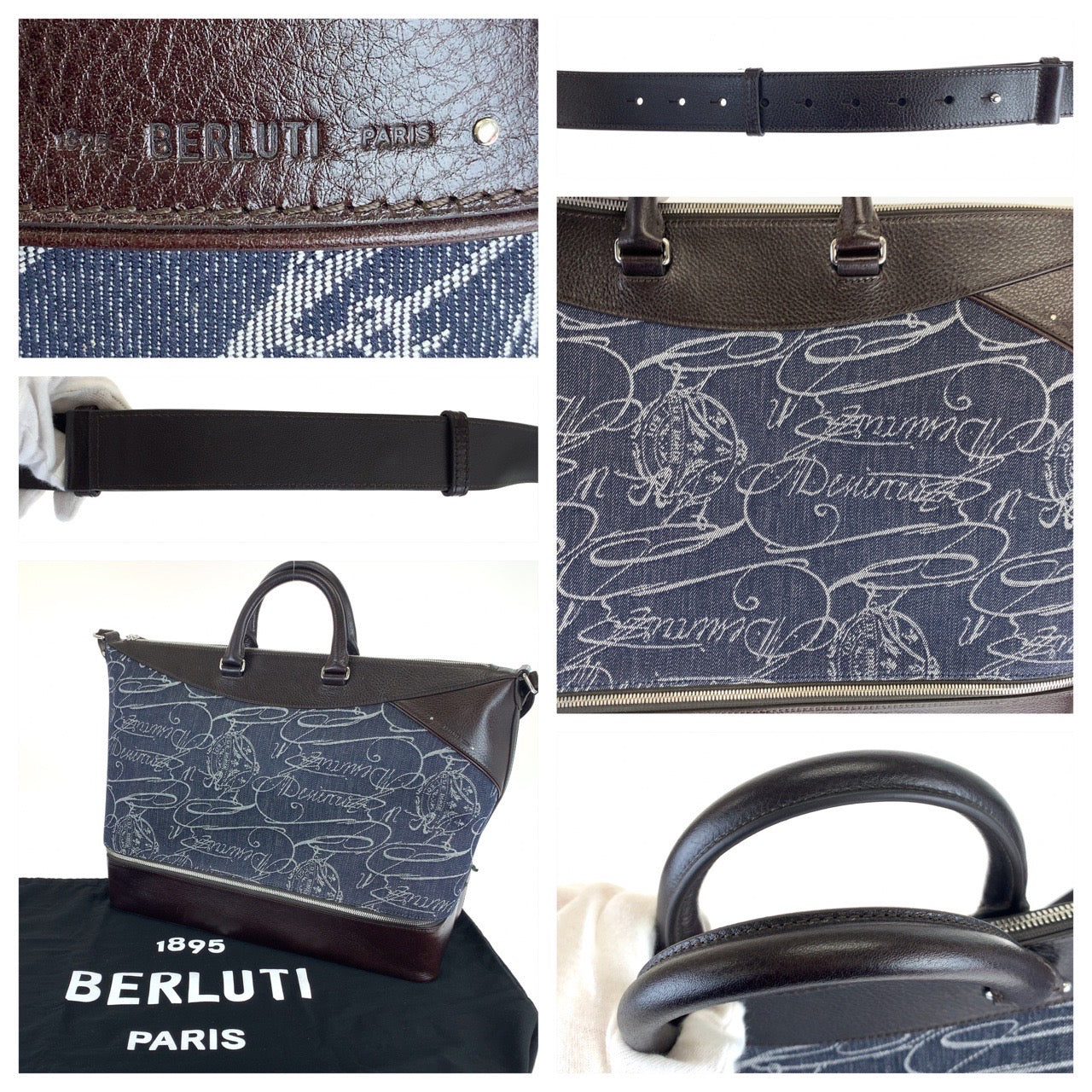 Berluti Leather/Denim Boston Bag 2way Travel Bag Navy/Brown in Excellent Condition