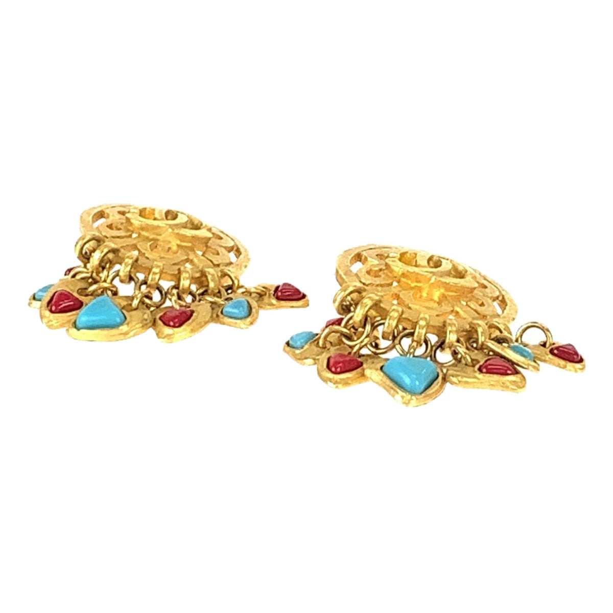 Chanel Vintage Coco Mark Stone Gold Red Blue Clip Earrings in Great Condition