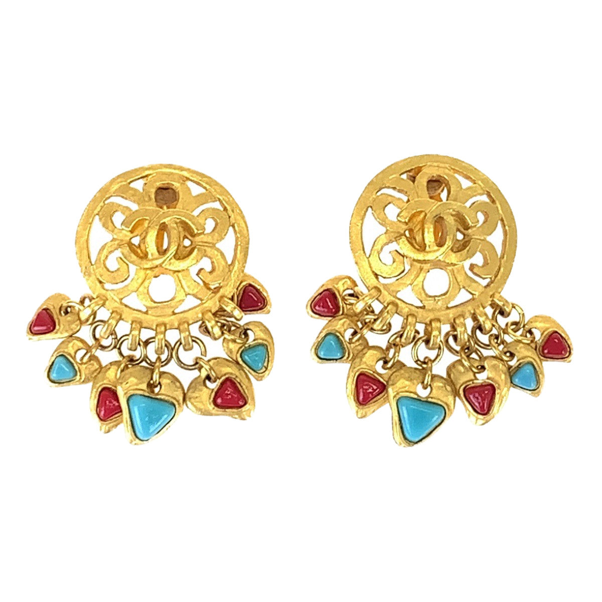 Chanel Vintage Coco Mark Stone Gold Red Blue Clip Earrings in Great Condition