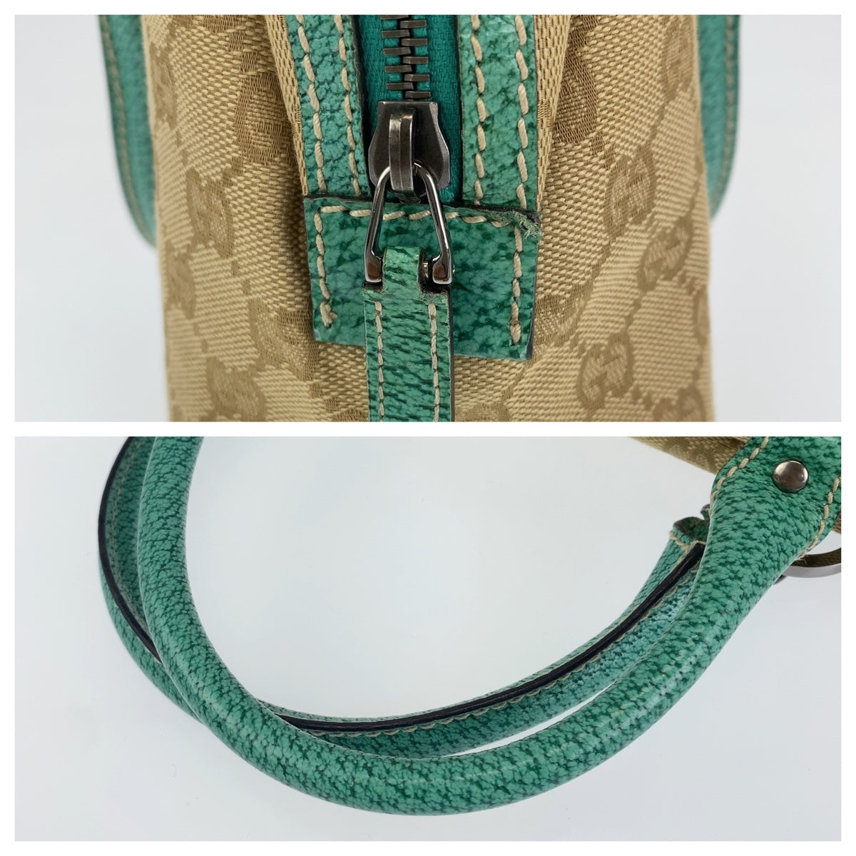 Gucci GG Canvas Leather Turquoise Beige Mini Boston Handbag in Very Good Condition