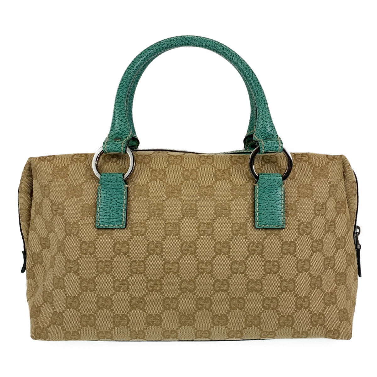 Gucci GG Canvas Leather Turquoise Beige Mini Boston Handbag in Very Good Condition