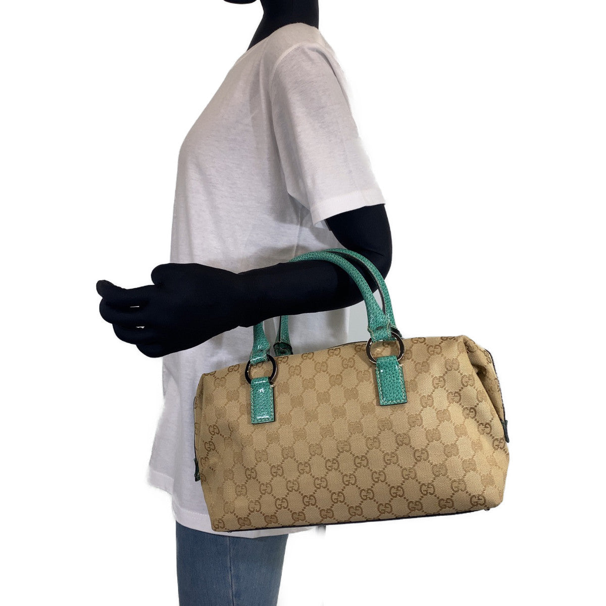 Gucci GG Canvas Leather Turquoise Beige Mini Boston Handbag in Very Good Condition