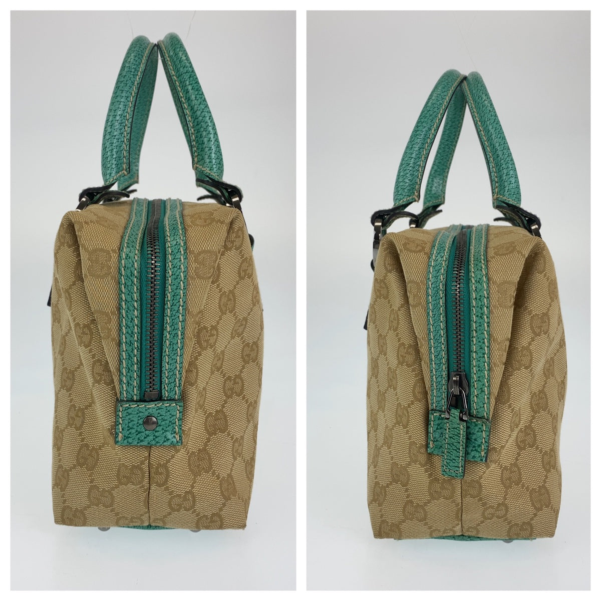 Gucci GG Canvas Leather Turquoise Beige Mini Boston Handbag in Very Good Condition