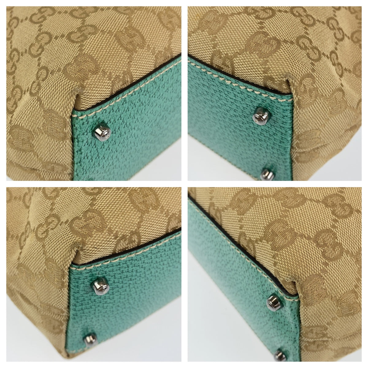 Gucci GG Canvas Leather Turquoise Beige Mini Boston Handbag in Very Good Condition