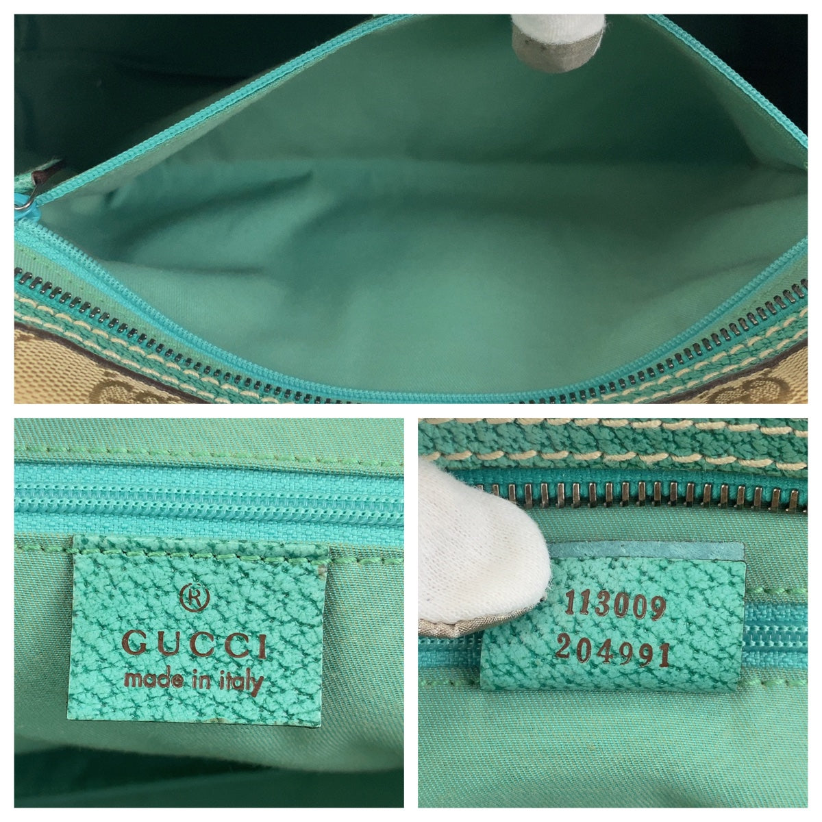 Gucci GG Canvas Leather Turquoise Beige Mini Boston Handbag in Very Good Condition