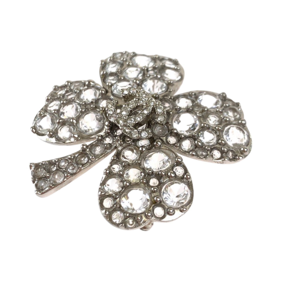 Chanel Silver Clover Brooch with Rhinestones