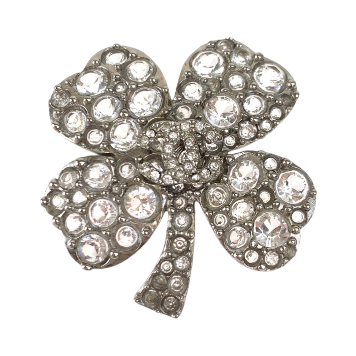 Chanel Silver Clover Brooch with Rhinestones