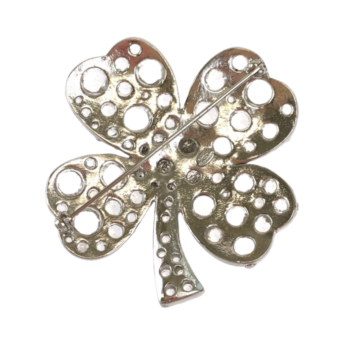 Chanel Silver Clover Brooch with Rhinestones