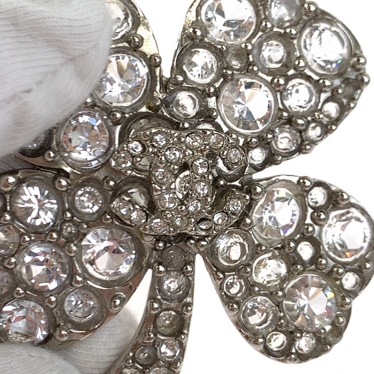 Chanel Silver Clover Brooch with Rhinestones