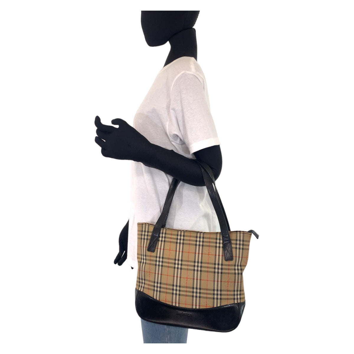 Burberry Check Canvas/Leather Brown Black Tote Shoulder Bag in Very Good Condition