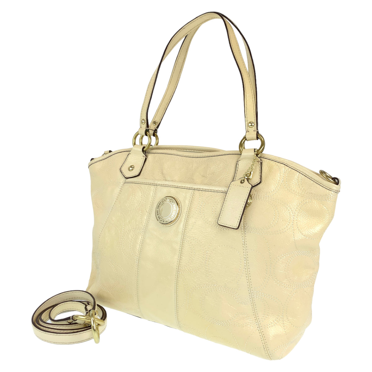 Coach Signature Cream Beige Patent 2way Shoulder Tote Bag F19197 in Very Good Condition