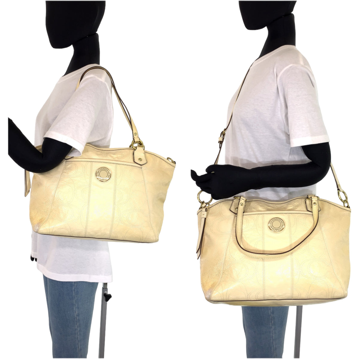 Coach Signature Cream Beige Patent 2way Shoulder Tote Bag F19197 in Very Good Condition