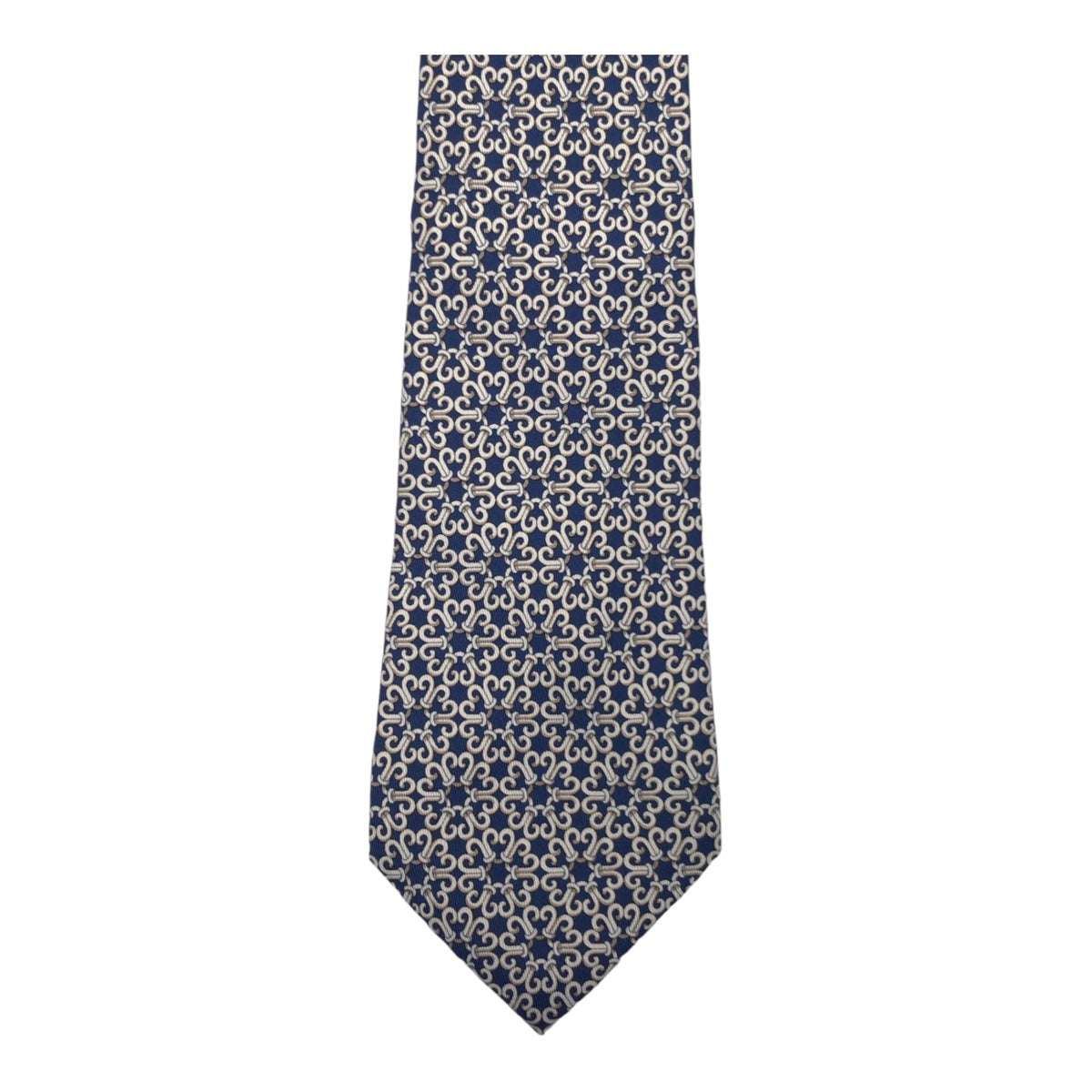 Hermes Silk Chain Pattern Tie Navy Silver in Great Condition