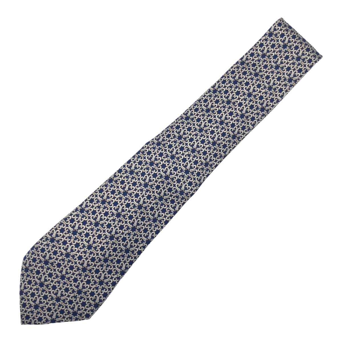 Hermes Silk Chain Pattern Tie Navy Silver in Great Condition