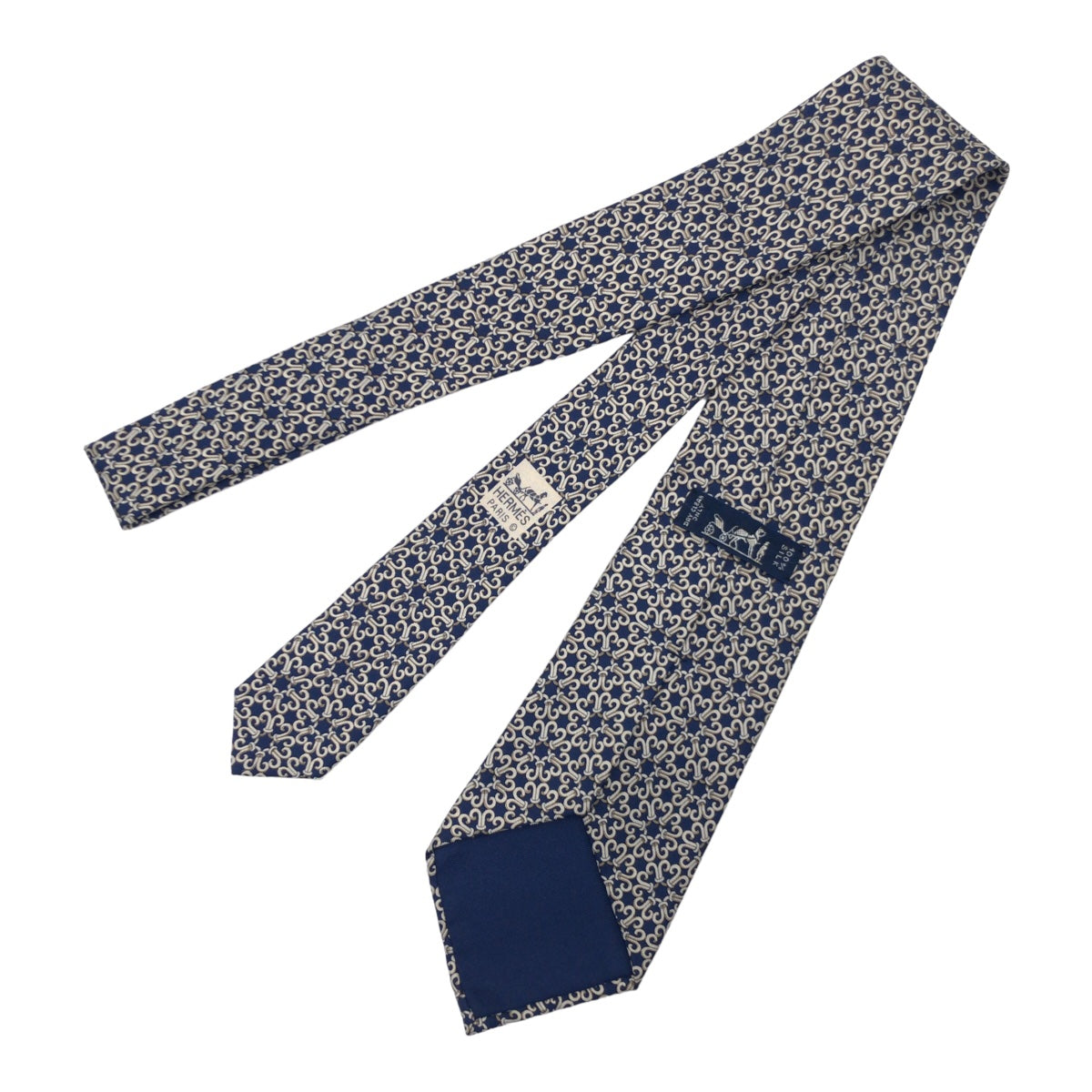 Hermes Silk Chain Pattern Tie Navy Silver in Great Condition