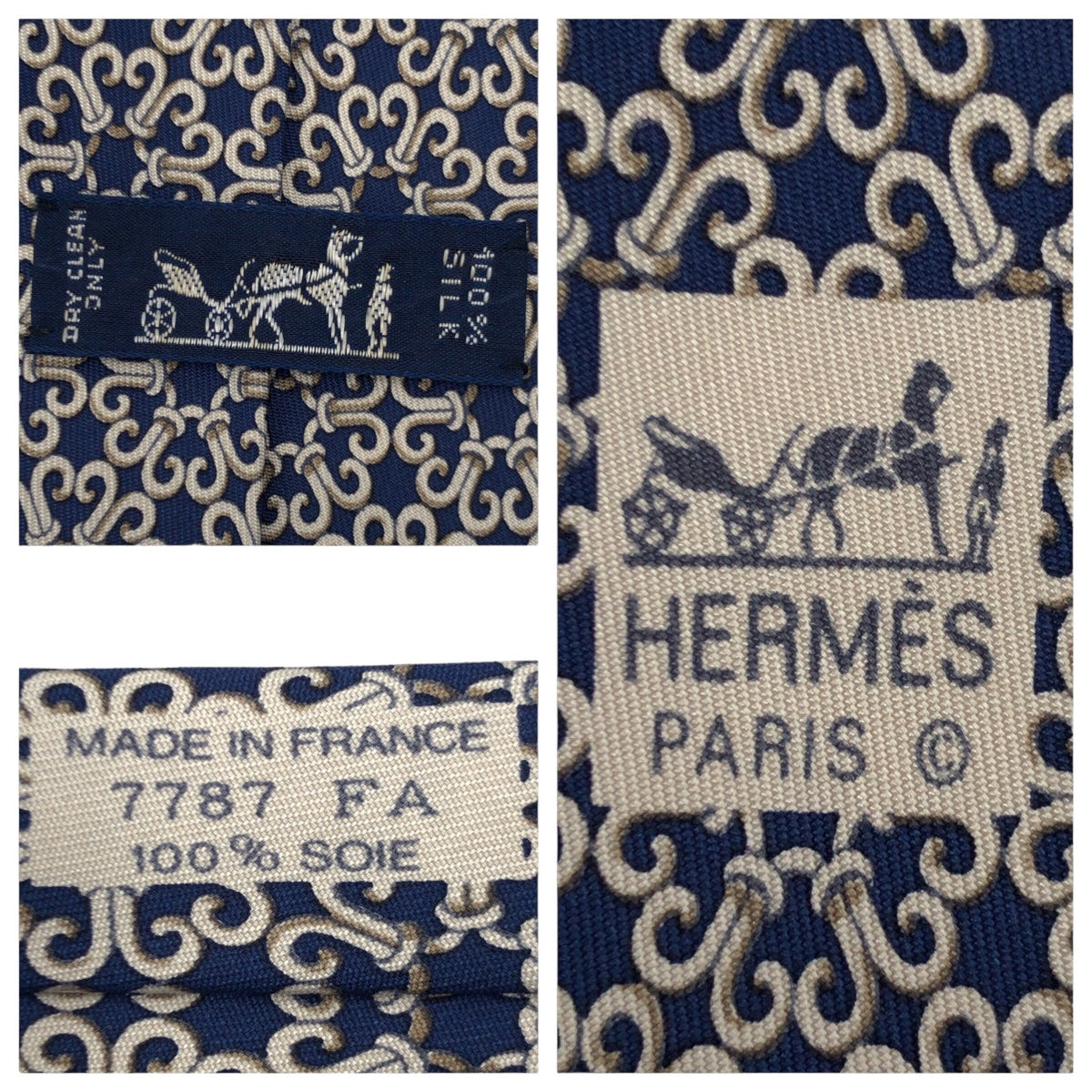 Hermes Silk Chain Pattern Tie Navy Silver in Great Condition