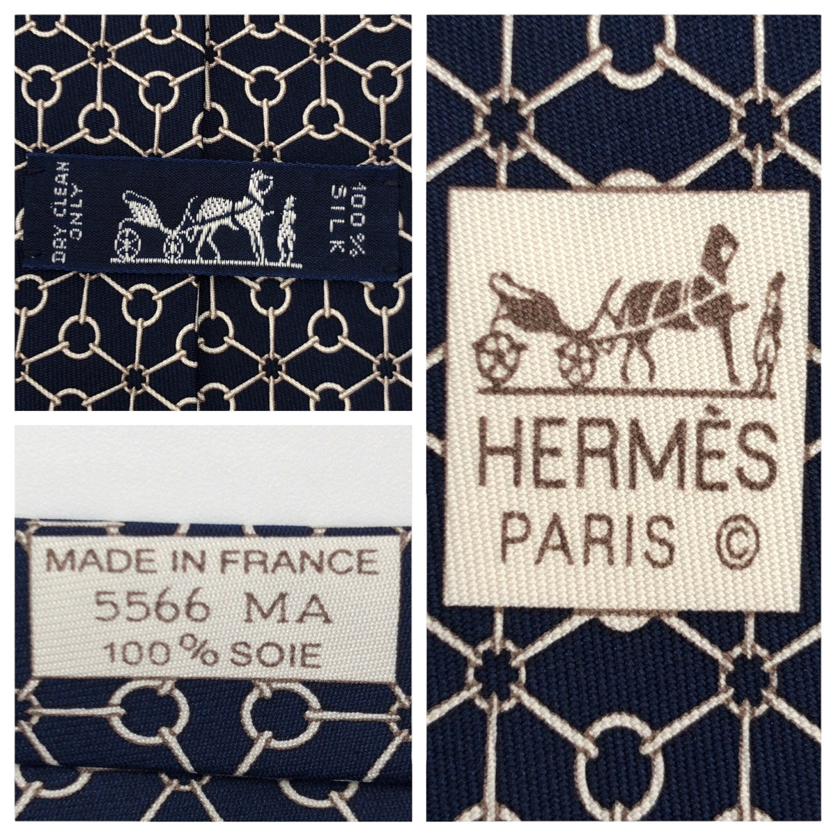 Hermes Silk Chain Pattern Navy Silver Tie in Very Good Condition