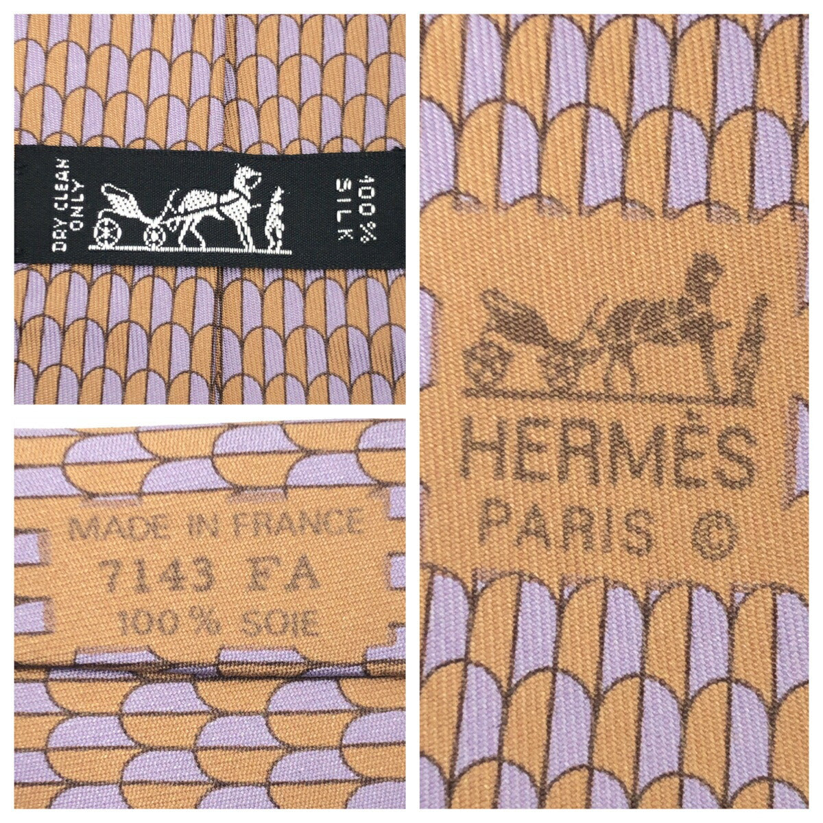 Hermes Silk Tie Gold Purple in Very Good Condition