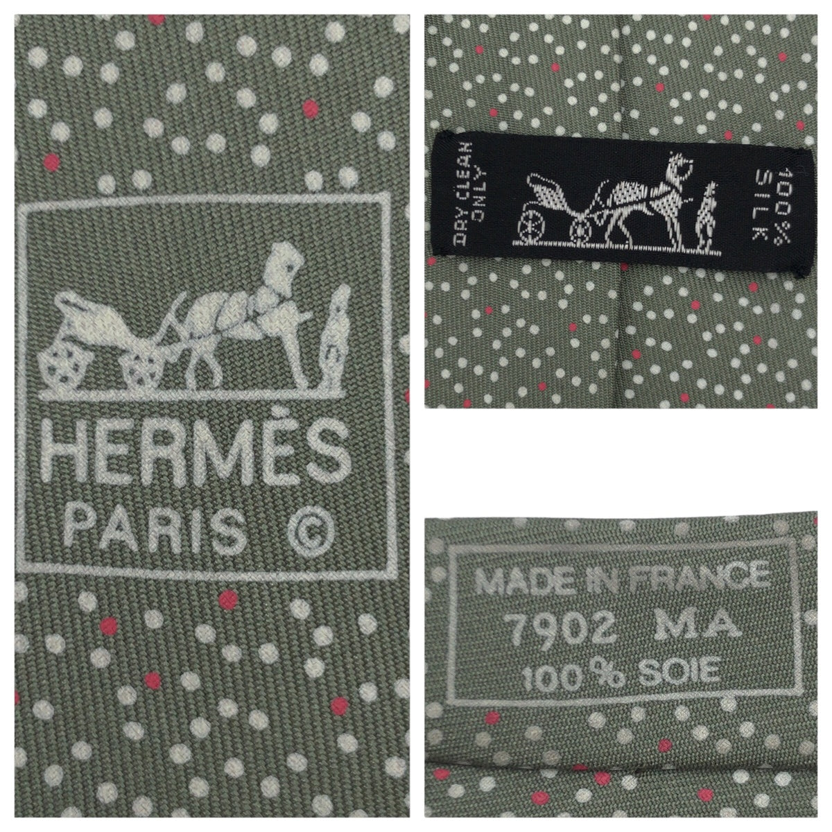 Hermes Silk Polka Dot Tie Green White in Very Good Condition