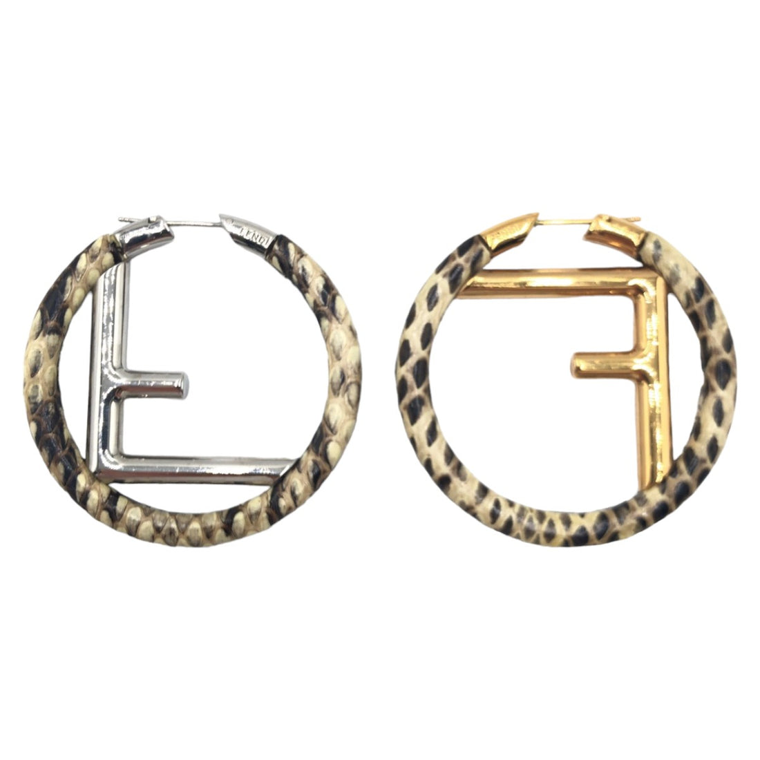 Fendi Python Silver Gold Metal Hoop Earrings in Great Condition