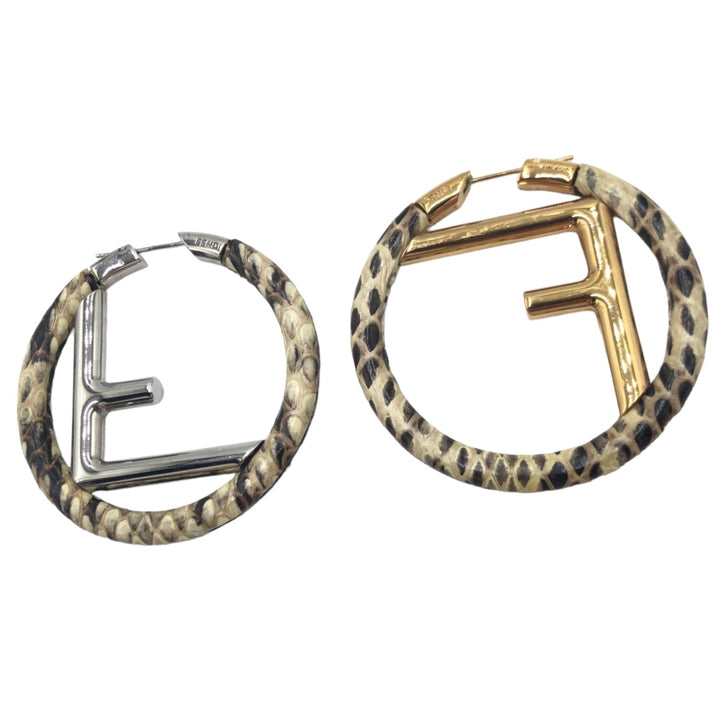 Fendi Python Silver Gold Metal Hoop Earrings in Great Condition