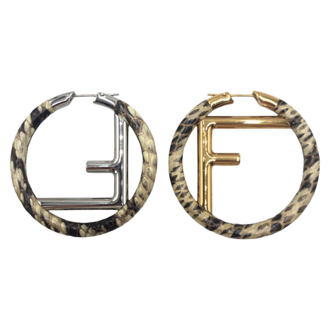 Fendi Python Silver Gold Metal Hoop Earrings in Great Condition