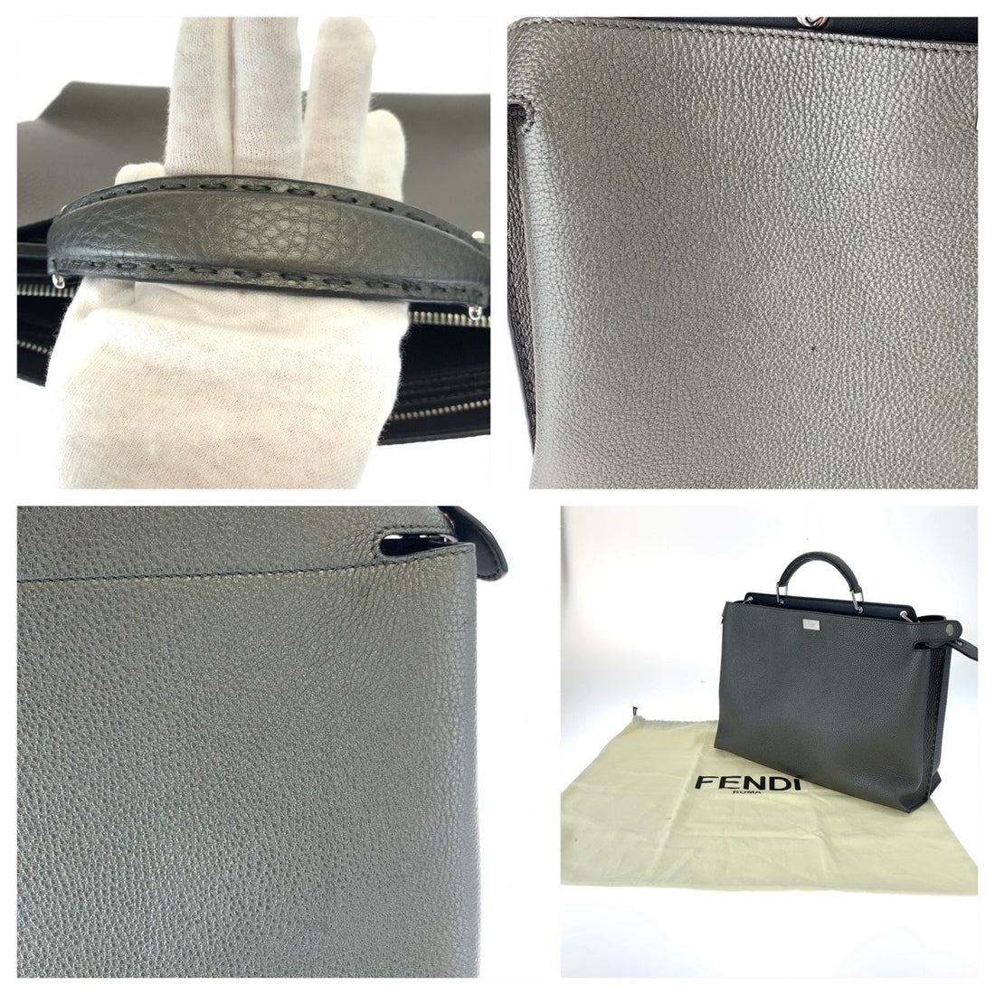 Fendi Peekaboo Leather Handbag Gray in Very Good Condition