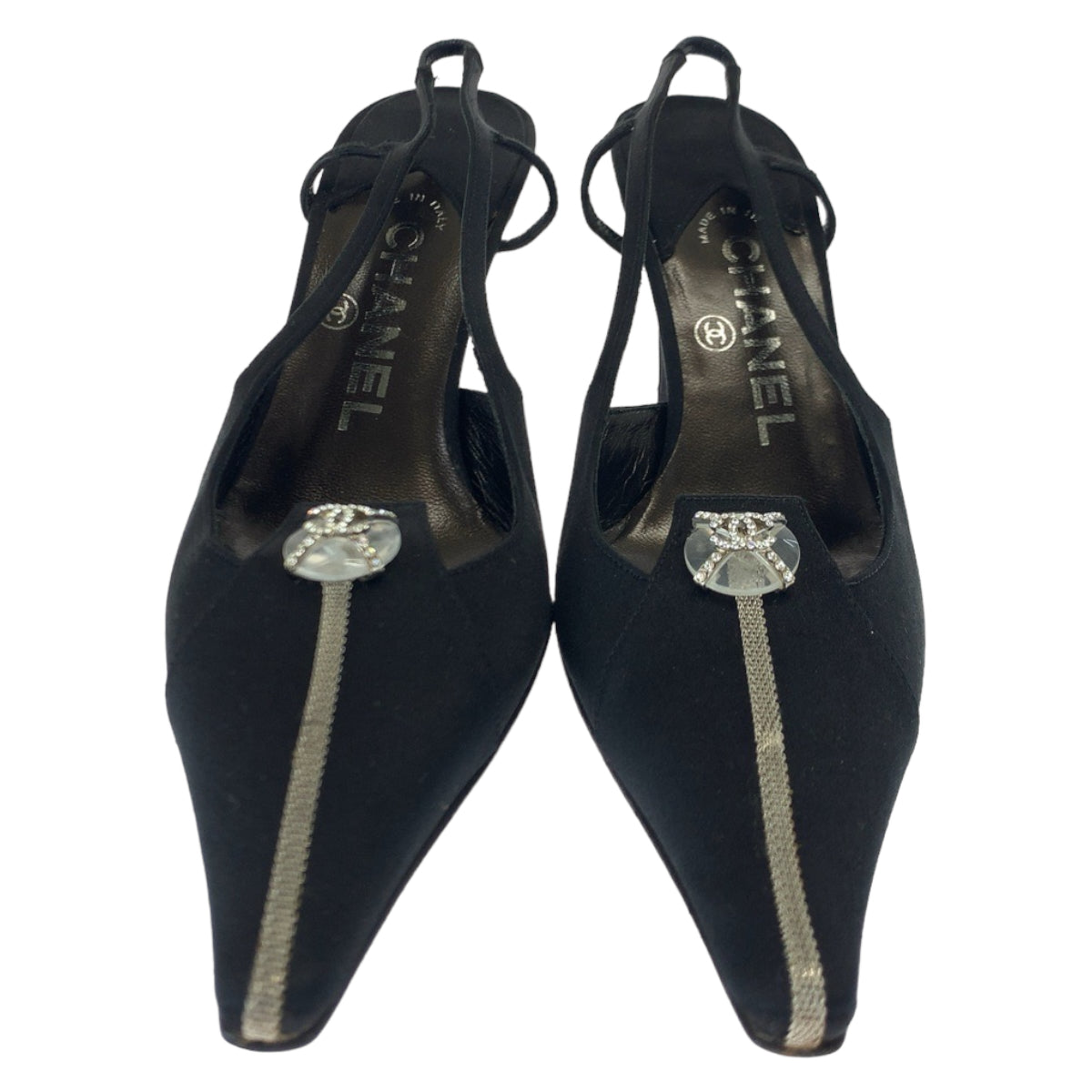 Chanel Satin Coco Mark Black Pumps with Silver Hardware in Excellent Condition