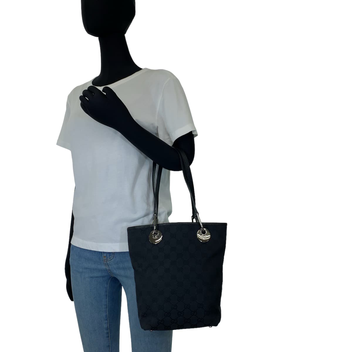 Gucci Black GG Canvas Leather Tote Bag