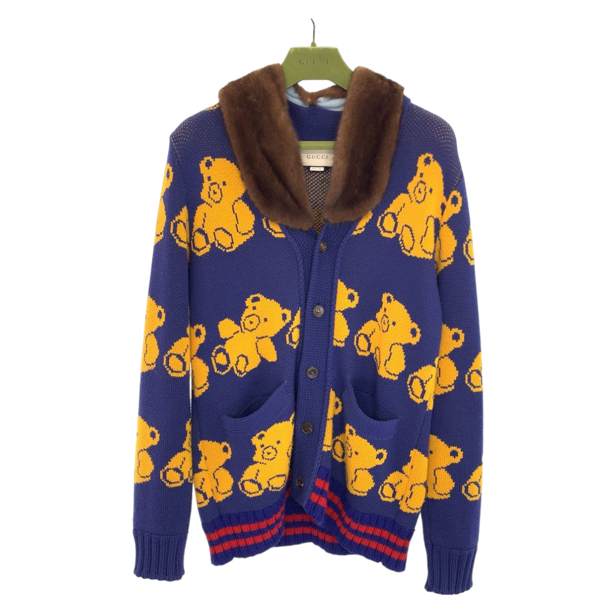 Gucci Wool/Mink Teddy Bear Jacquard Knit Cardigan in Very Good Condition