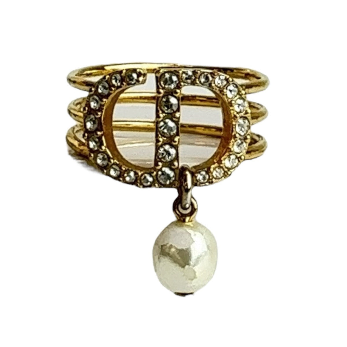 Dior Gold Metal Rhinestone Pearl Ring