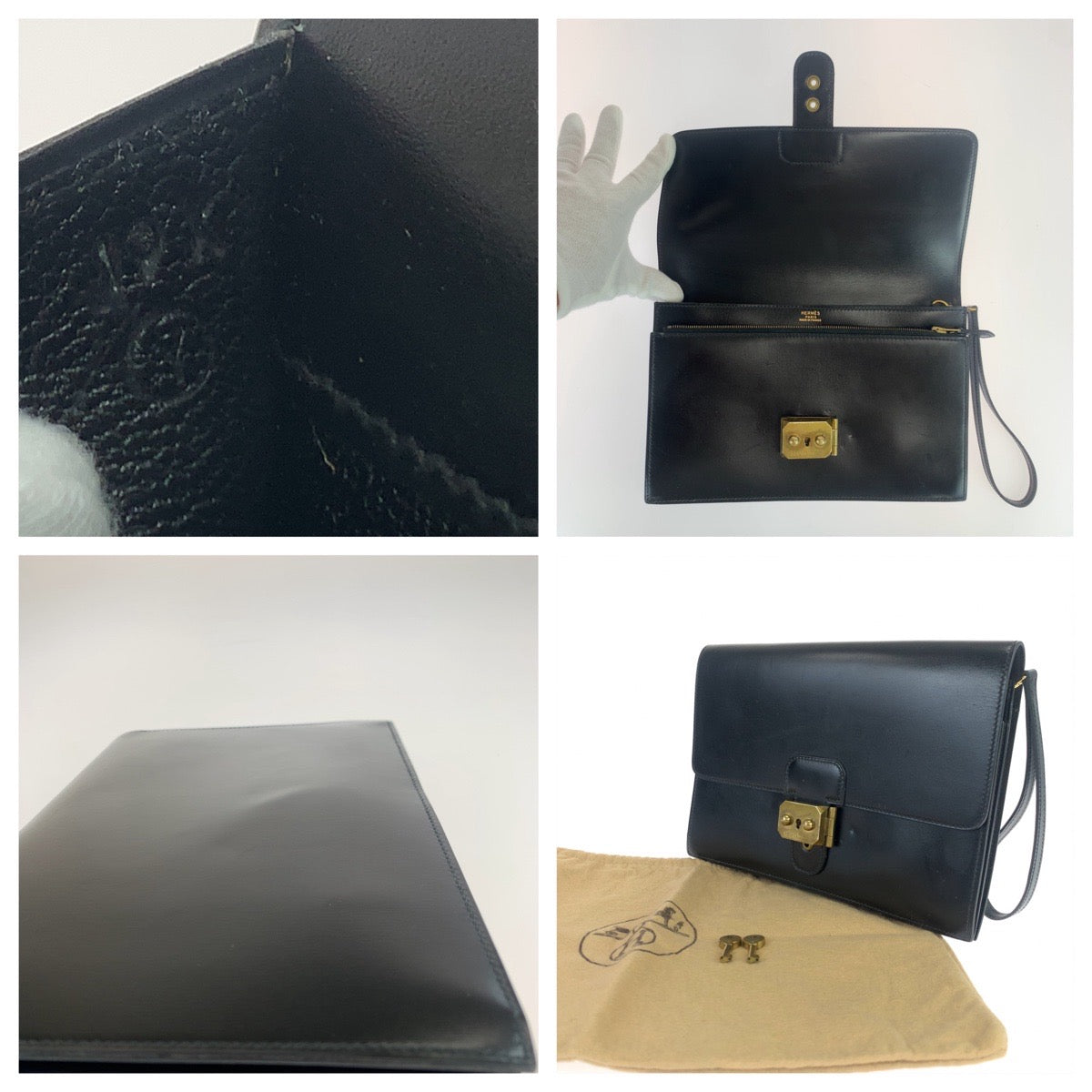 Hermes Vintage Black Box Calf Clutch Bag