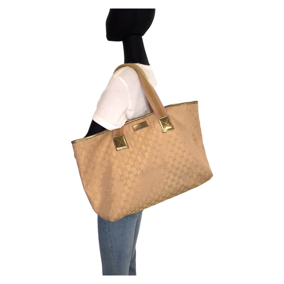 Gucci Beige Gold GG Canvas Tote Bag 267474 in Very Good Condition