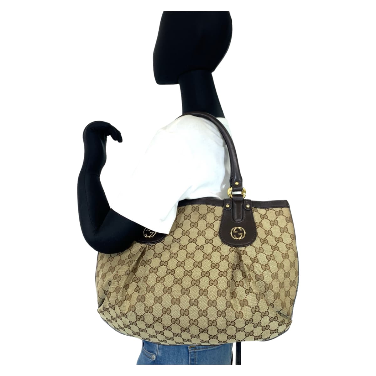 Gucci Beige Brown GG Canvas Leather Tote Bag