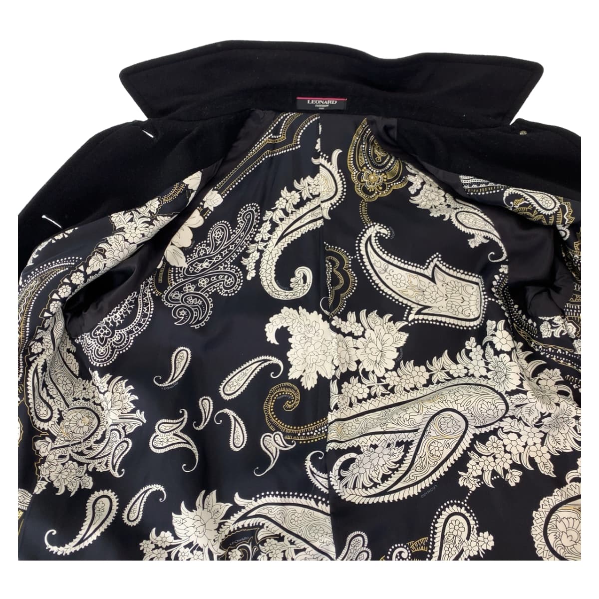 LEONARD Black Cashmere Long Coat Floral