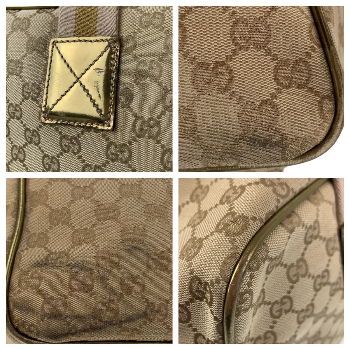 Gucci GG Canvas Boston Handbag Beige Gold