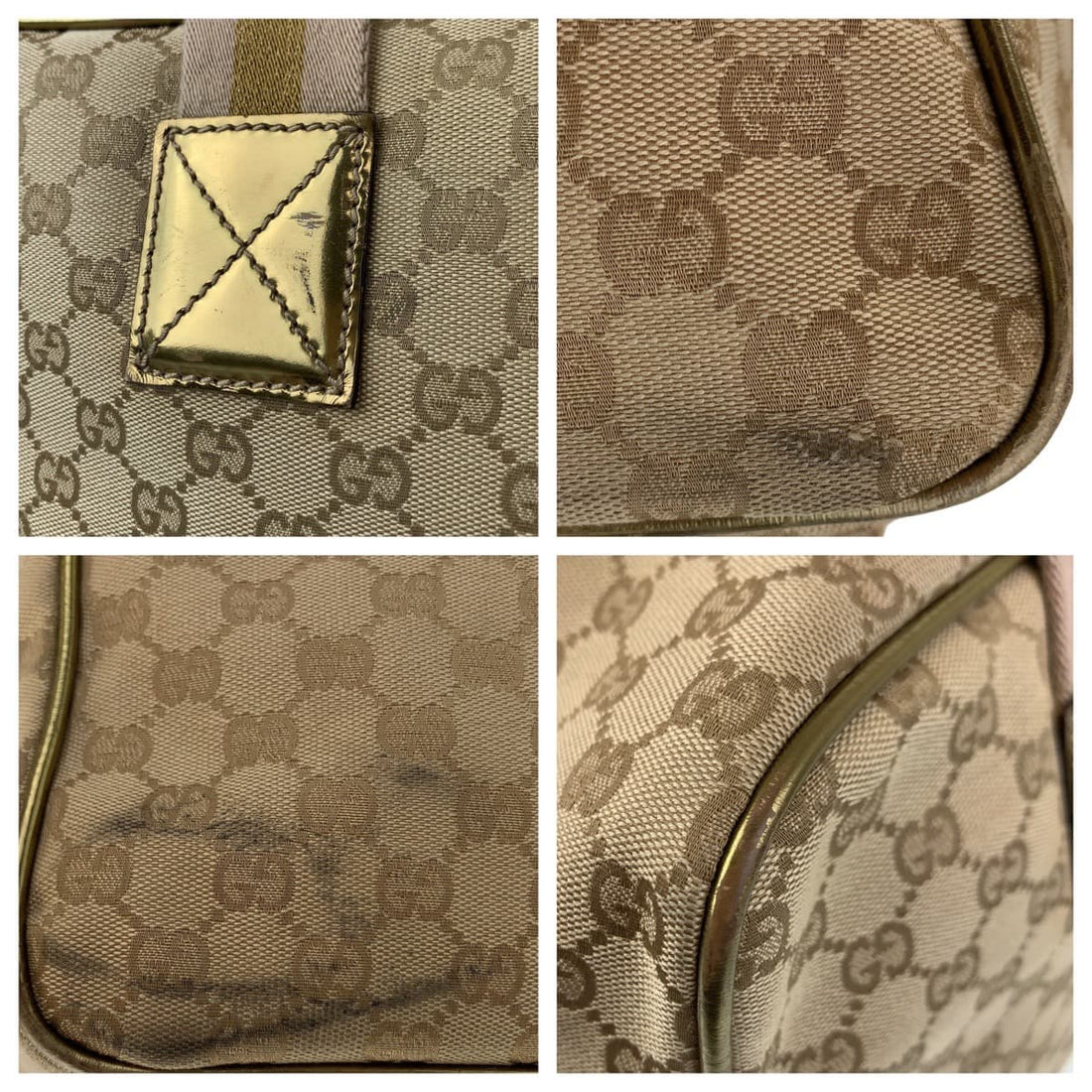 Gucci GG Canvas Boston Handbag Beige Gold