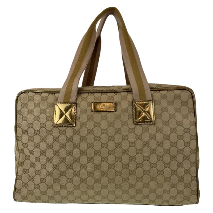 Gucci GG Canvas Boston Handbag Beige Gold