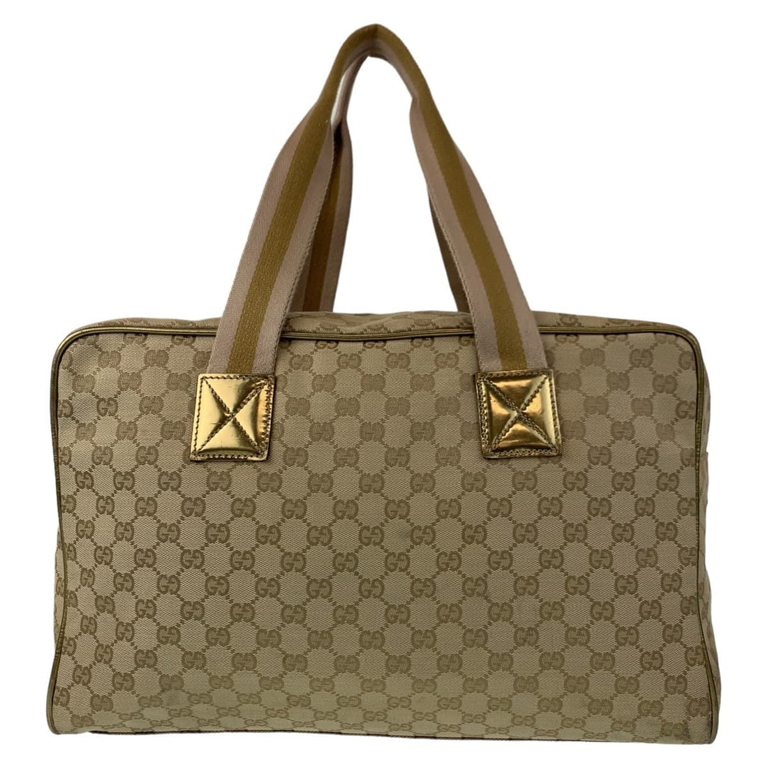 Gucci GG Canvas Boston Handbag Beige Gold