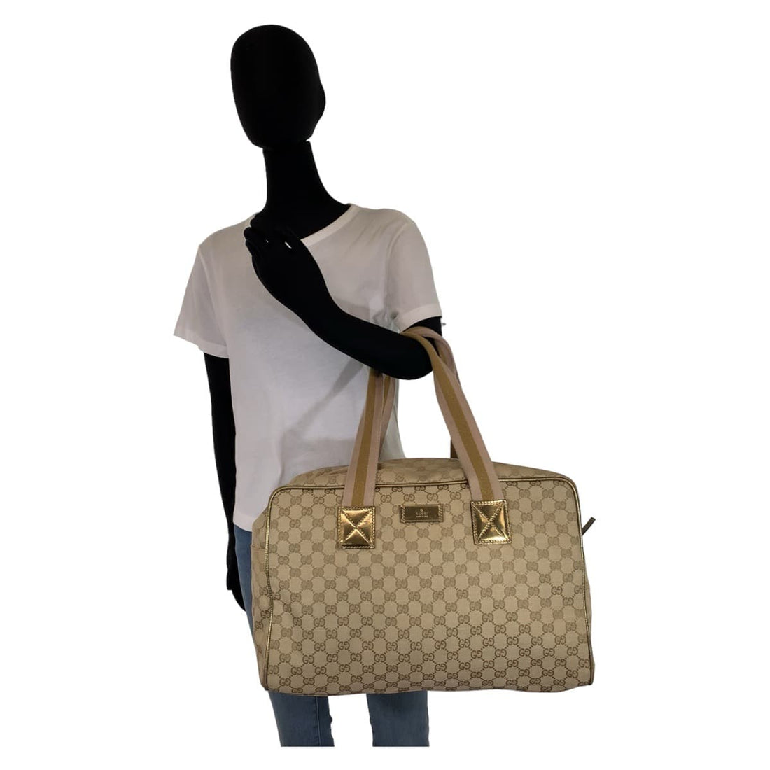 Gucci GG Canvas Boston Handbag Beige Gold