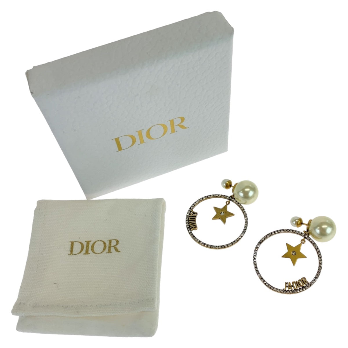 Dior White Antique Gold Metal Rhinestone Pearl Earrings in Very Good Condition