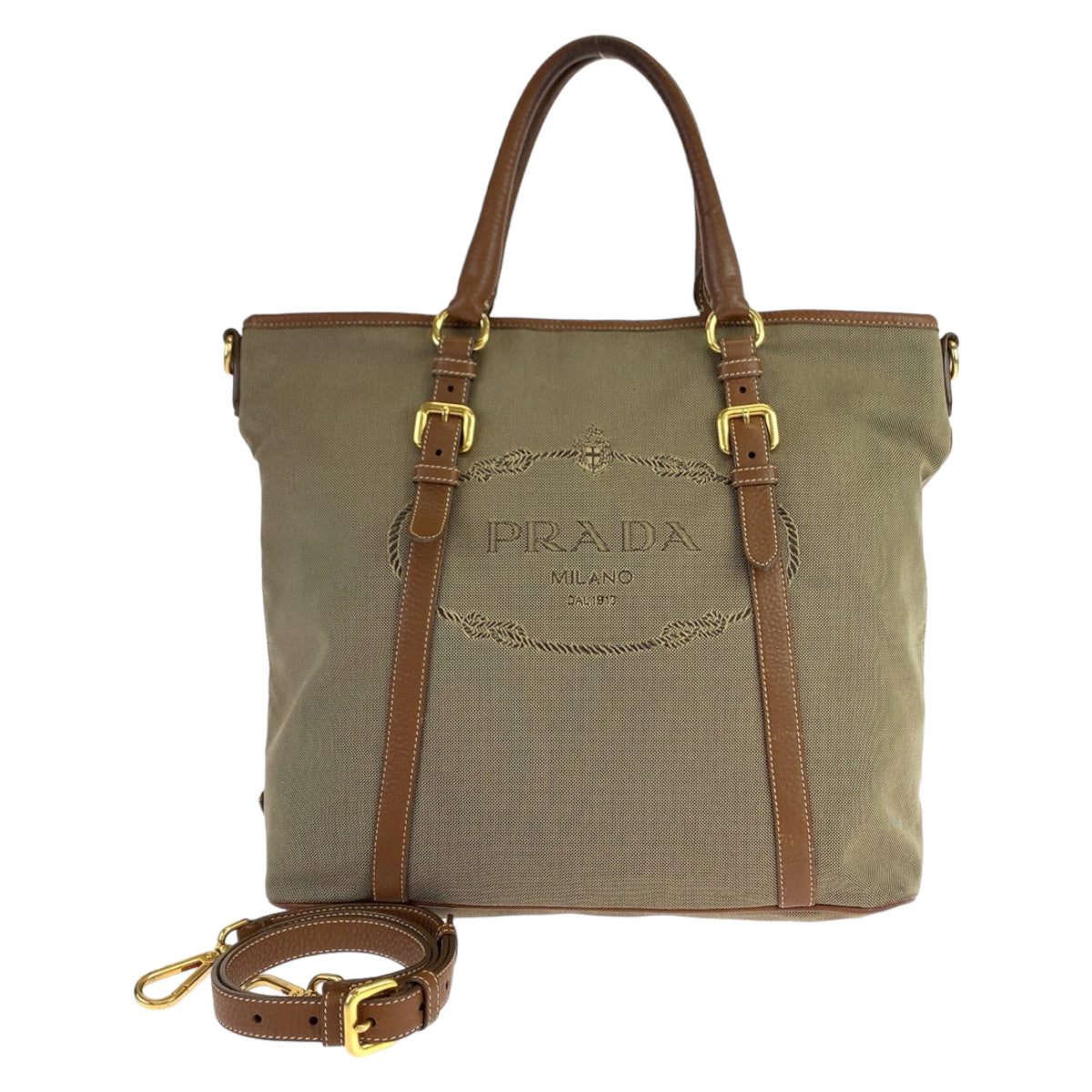 Prada Canvas Leather Logo Jacquard Tote Bag